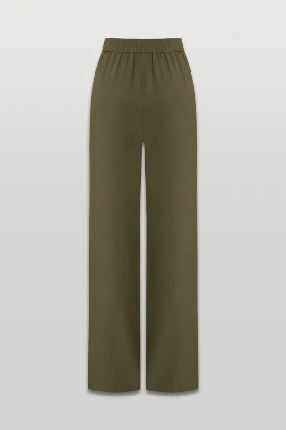 Wide Leg Linen Trousers - Khaki - 2