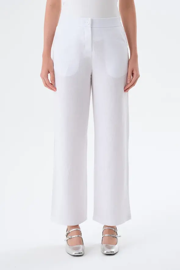Wide Leg Linen Trousers - White - 1