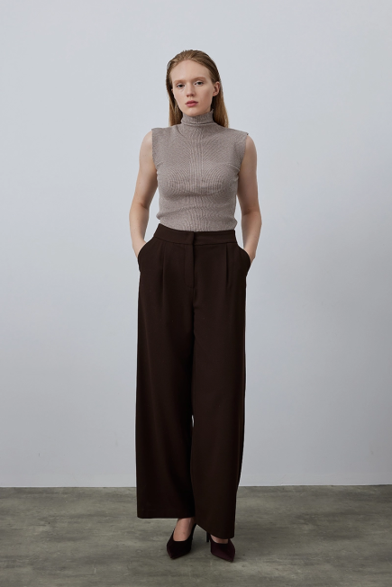 Wide Leg Palazzo Pants - Brown Kahverengi