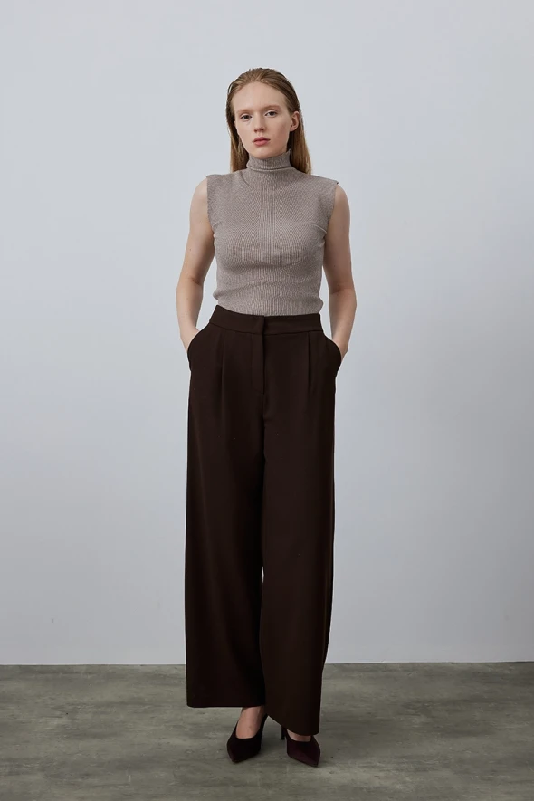 Wide Leg Palazzo Pants - Brown - 1