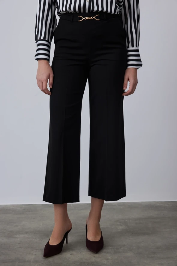 Wide Leg Pants with Belt Buckle - Black - 2