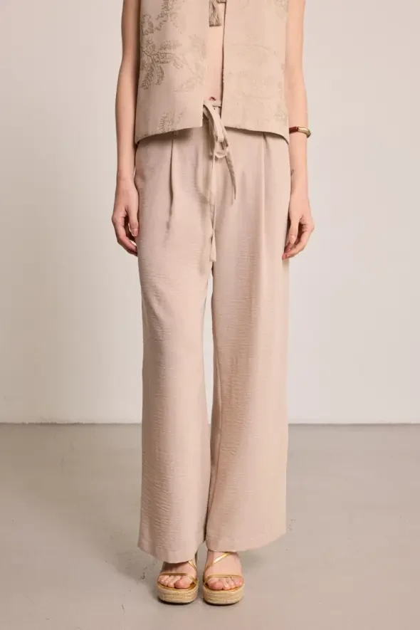 Wide Leg Pants with Thin Belt - Beige - 1