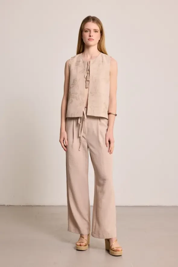Wide Leg Pants with Thin Belt - Beige - 2