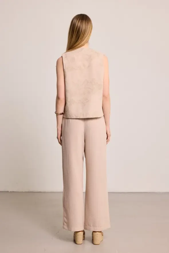 Wide Leg Pants with Thin Belt - Beige - 4