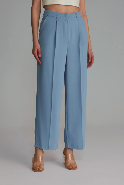 Wide Leg Pleated Crepe Pants - Blue - Gusto