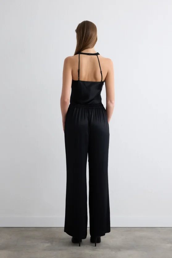 Wide-Leg Satin Pants - Black - 4