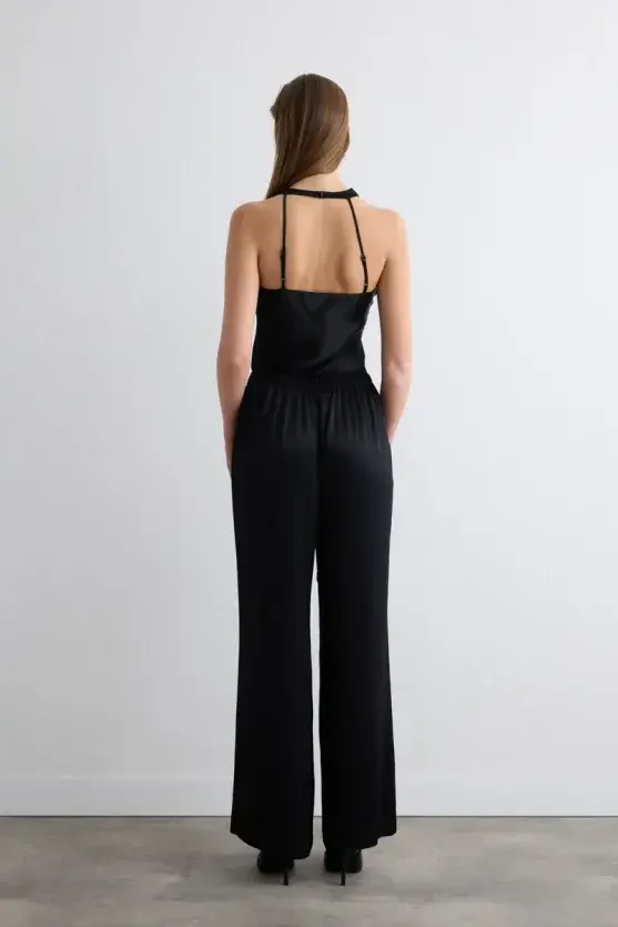 Wide-Leg Satin Pants - Black - Gusto