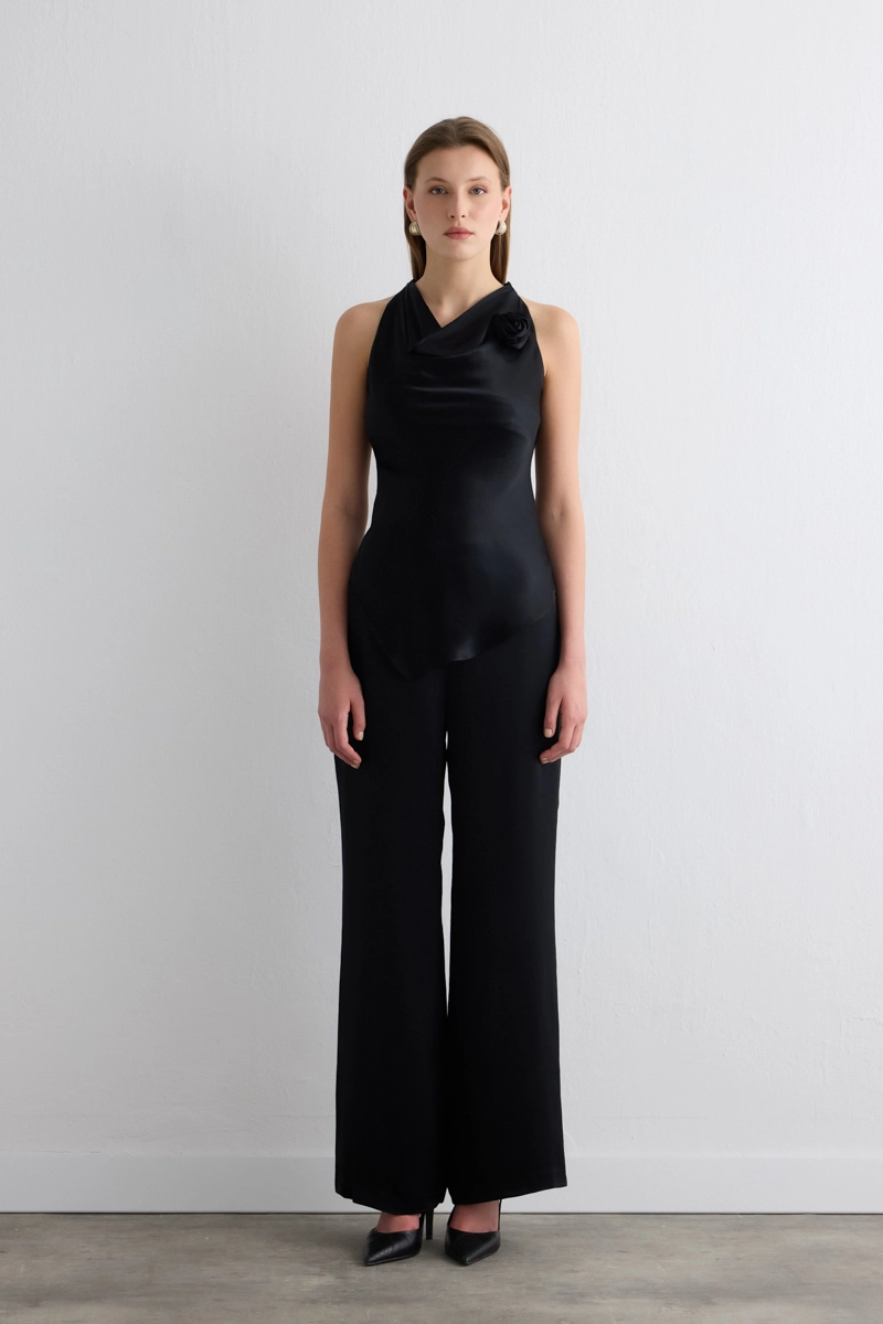 Wide Leg Satin Pants Black - Gusto