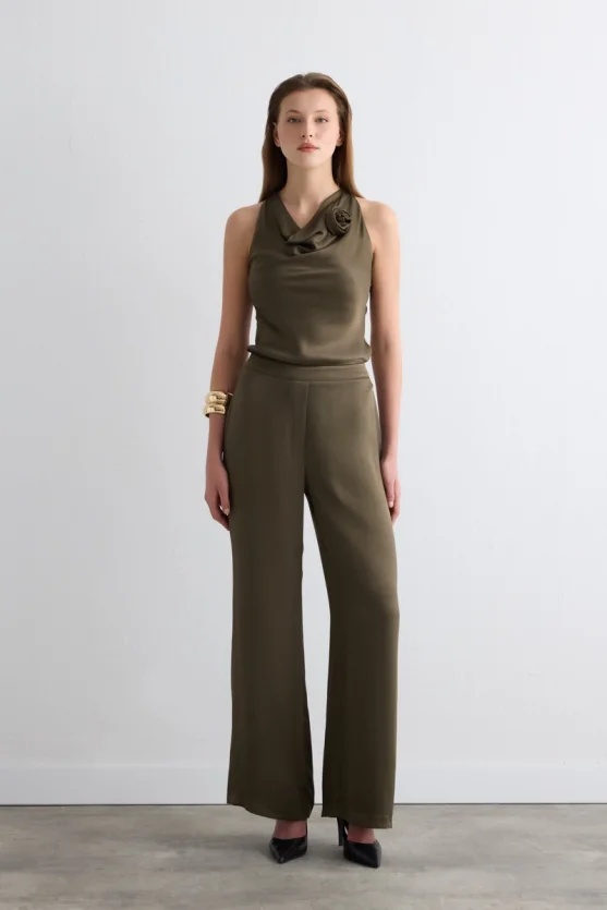 Wide Leg Satin Pants Green - Gusto