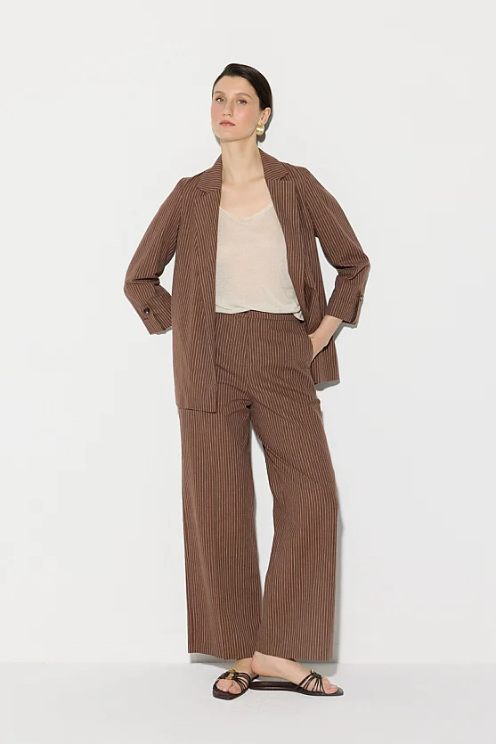 Wide Leg Striped Cotton Linen Pants - Brown - Gusto