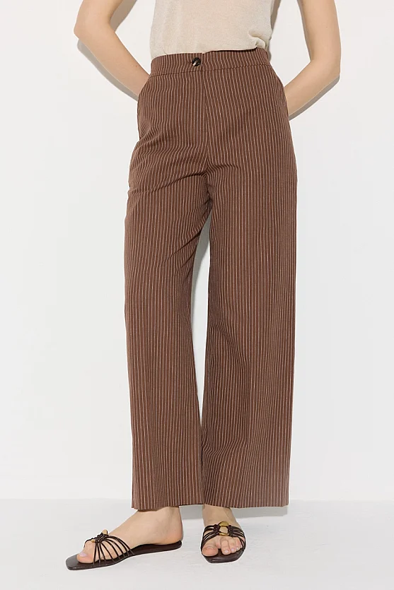 Wide Leg Striped Cotton Linen Pants - Brown - Gusto