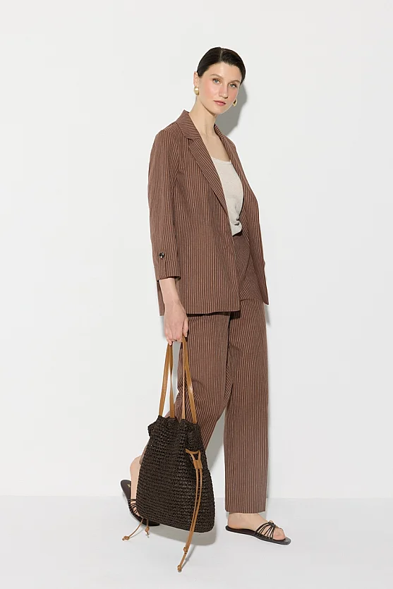 Wide Leg Striped Cotton Linen Pants - Brown - Gusto