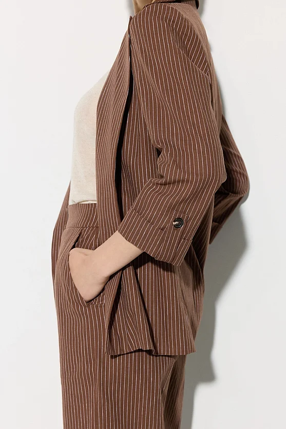 Wide Leg Striped Cotton Linen Pants - Brown - Gusto