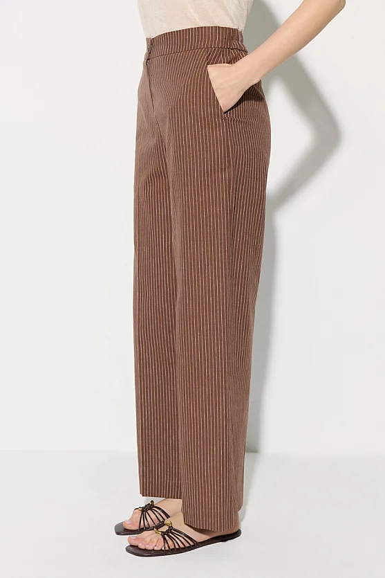 Wide Leg Striped Cotton Linen Pants - Brown - Gusto
