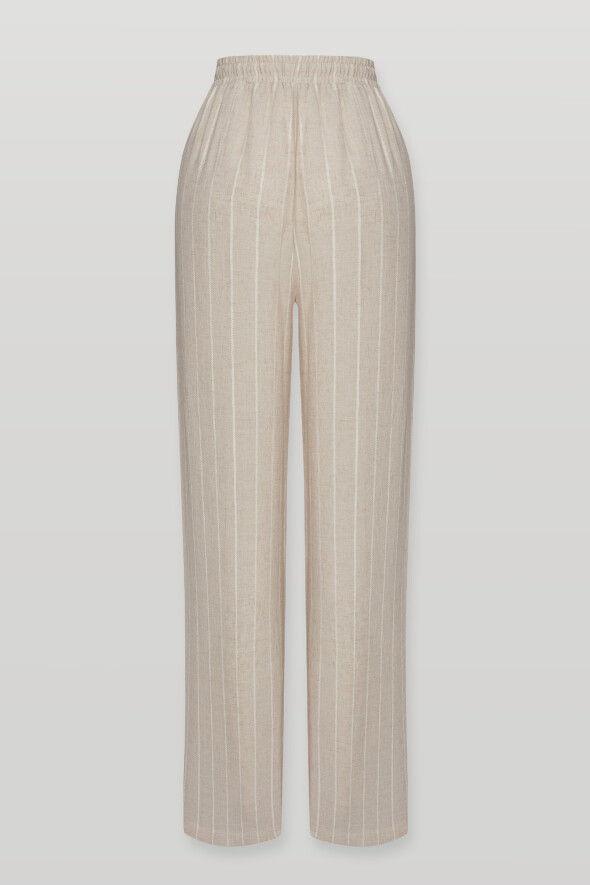 Wide Leg Striped Linen Trousers - Beige - 2