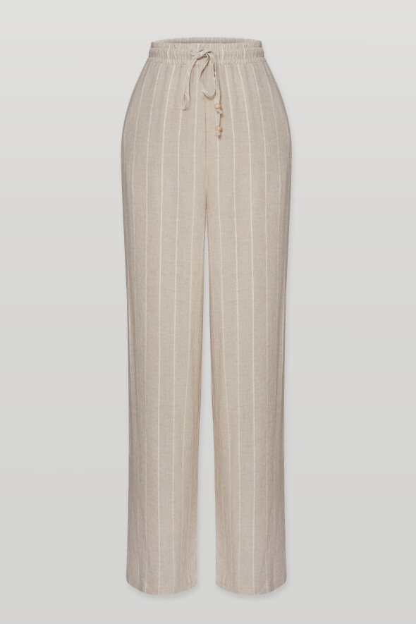 Wide Leg Striped Linen Trousers - Beige - 1