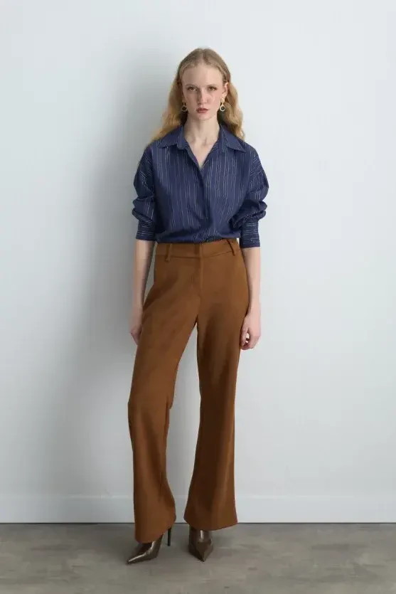 Wide Leg Suede Pants - Tan - 2