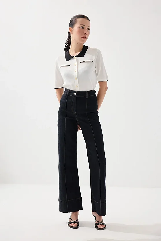 Wide Leg Tencel Denim Pants with Pintuck Stitch Detail - Navy Blue - Gusto