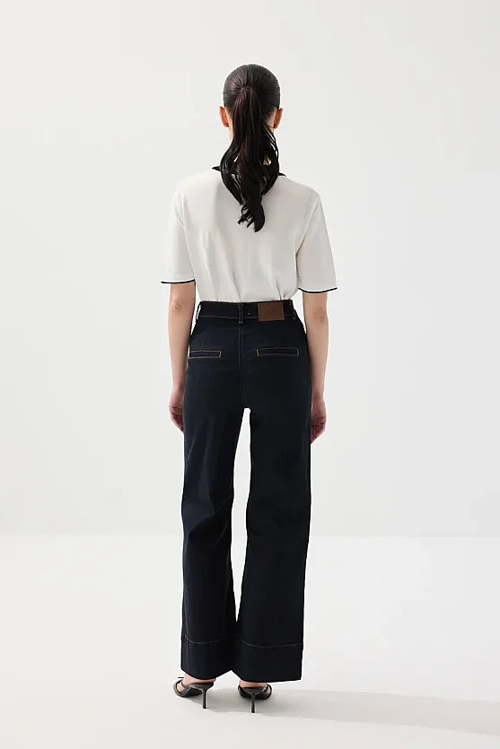 Wide Leg Tencel Denim Pants with Pintuck Stitch Detail - Navy Blue - Gusto