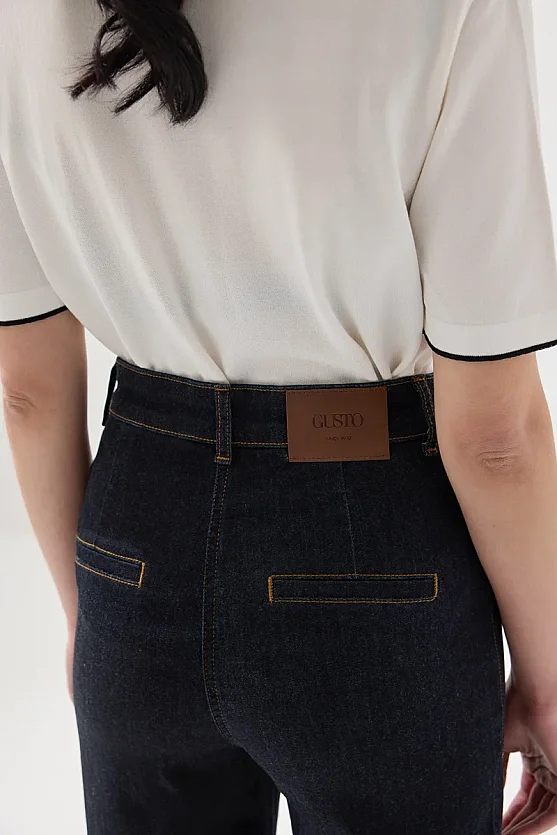 Wide Leg Tencel Denim Pants with Pintuck Stitch Detail - Navy Blue - Gusto