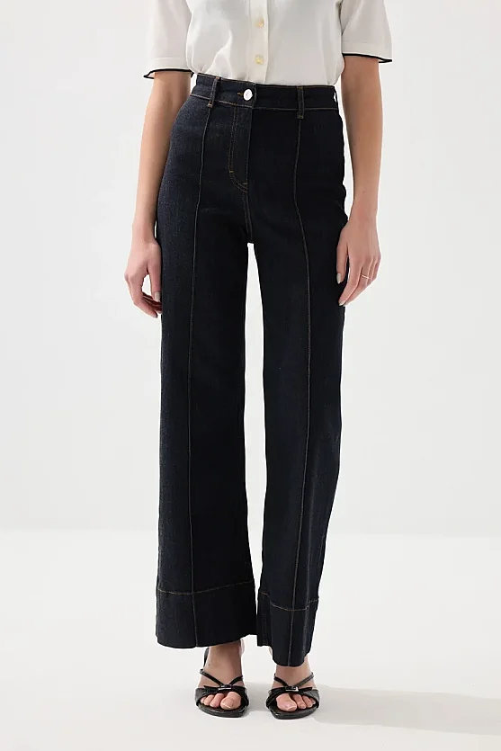 Wide Leg Tencel Denim Pants with Pintuck Stitch Detail - Navy Blue - Gusto