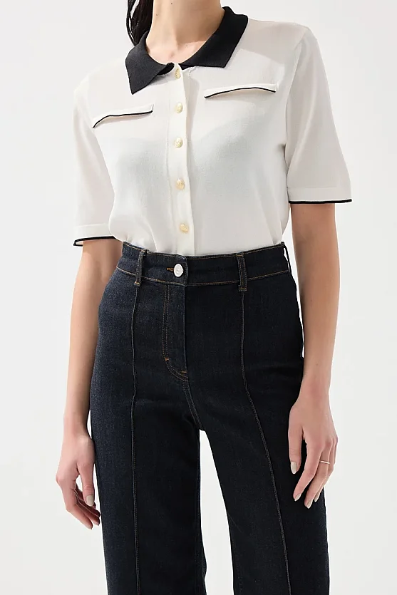 Wide Leg Tencel Denim Pants with Pintuck Stitch Detail - Navy Blue - Gusto