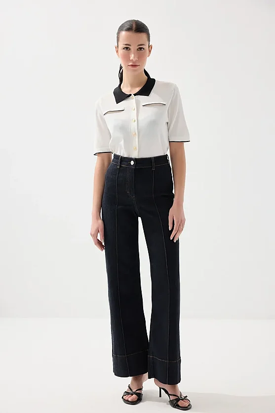 Wide Leg Tencel Denim Pants with Pintuck Stitch Detail - Navy Blue - Gusto