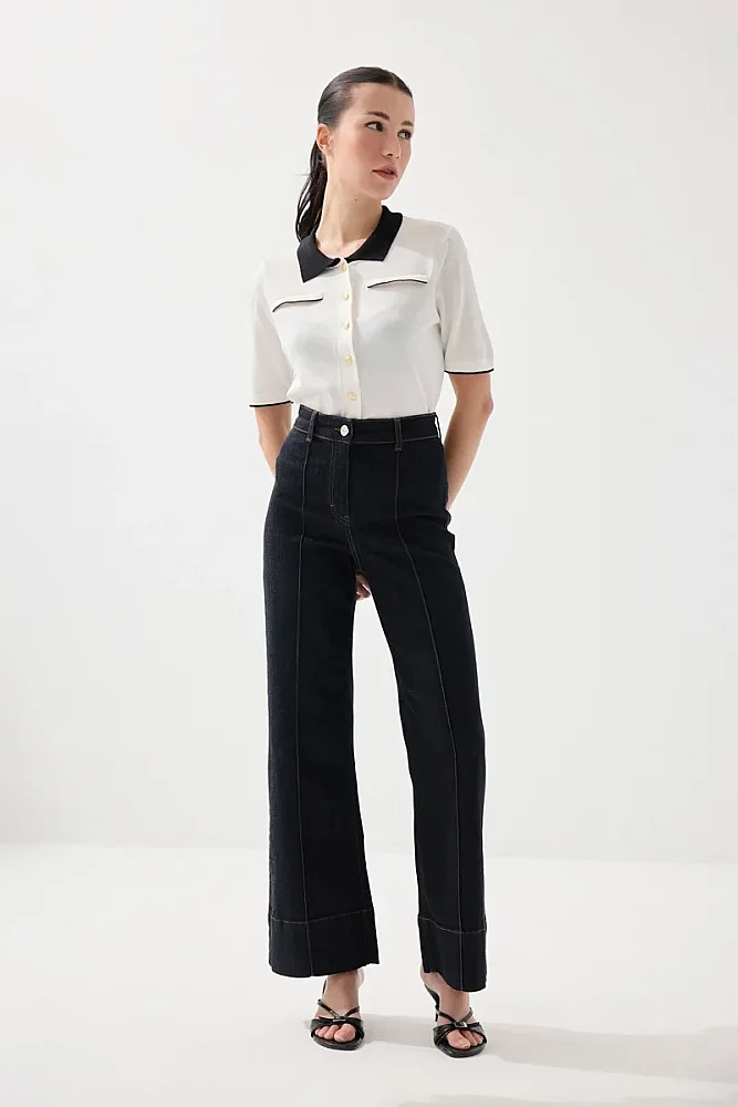 Wide Leg Tencel Denim Pants with Pintuck Stitch Detail - Navy Blue Navy Blue