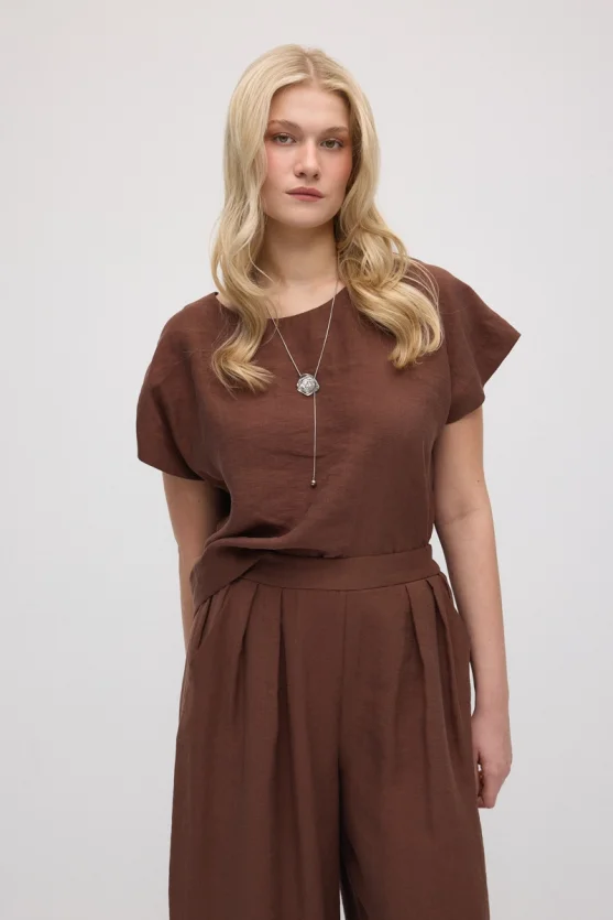 Wide-Leg Tencel Pants - Brown - 3