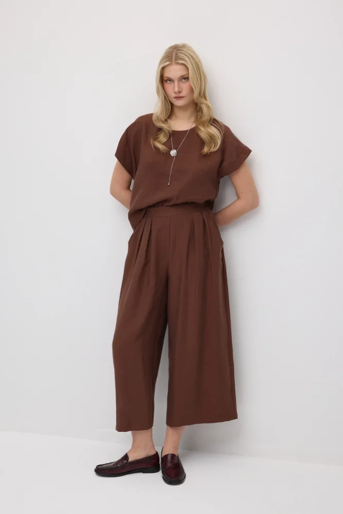 Wide-Leg Tencel Pants - Brown