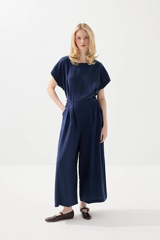 Wide Leg Tencel Pants - Navy Blue - Gusto