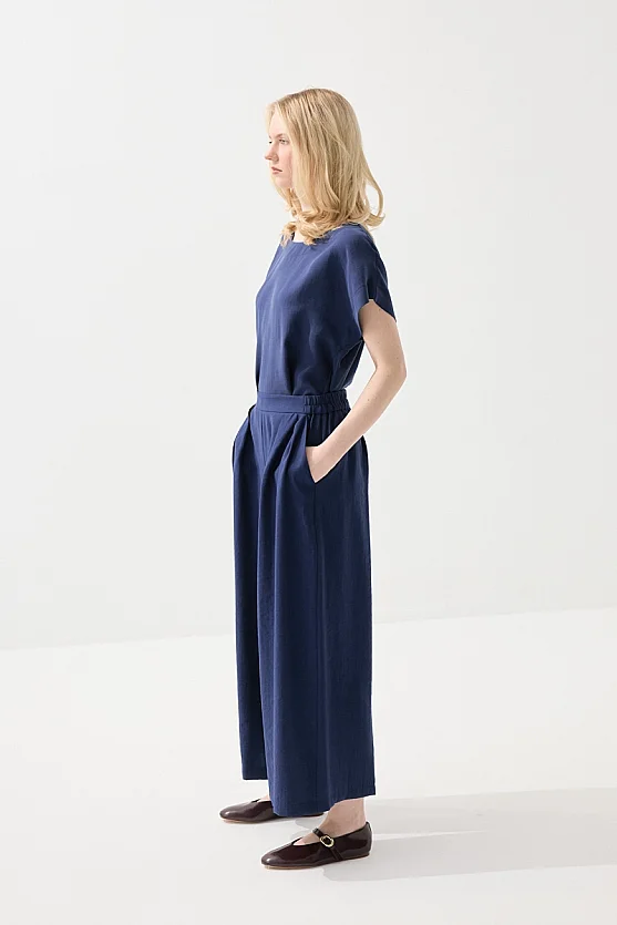 Wide Leg Tencel Pants - Navy Blue - Gusto