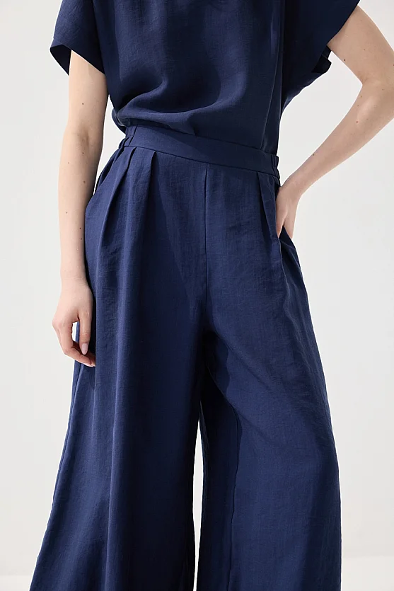 Wide Leg Tencel Pants - Navy Blue - 2