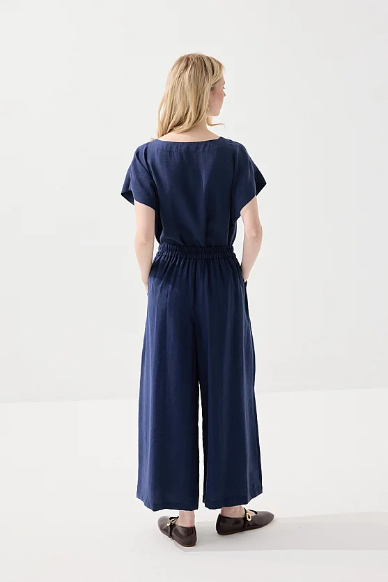 Wide Leg Tencel Pants - Navy Blue - Gusto