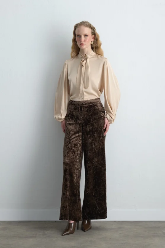 Wide Leg Velvet Pants - Khaki - 2