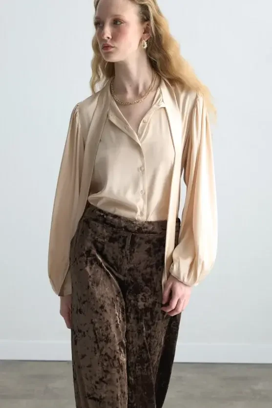 Wide Leg Velvet Pants - Khaki - Gusto