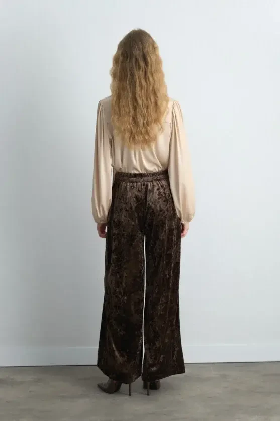 Wide Leg Velvet Pants - Khaki - Gusto
