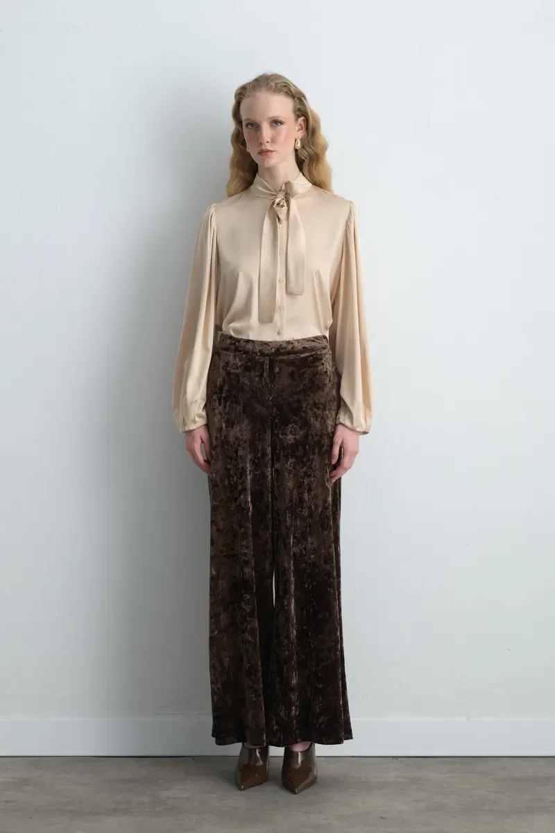 Wide Leg Velvet Pants - Khaki - Gusto