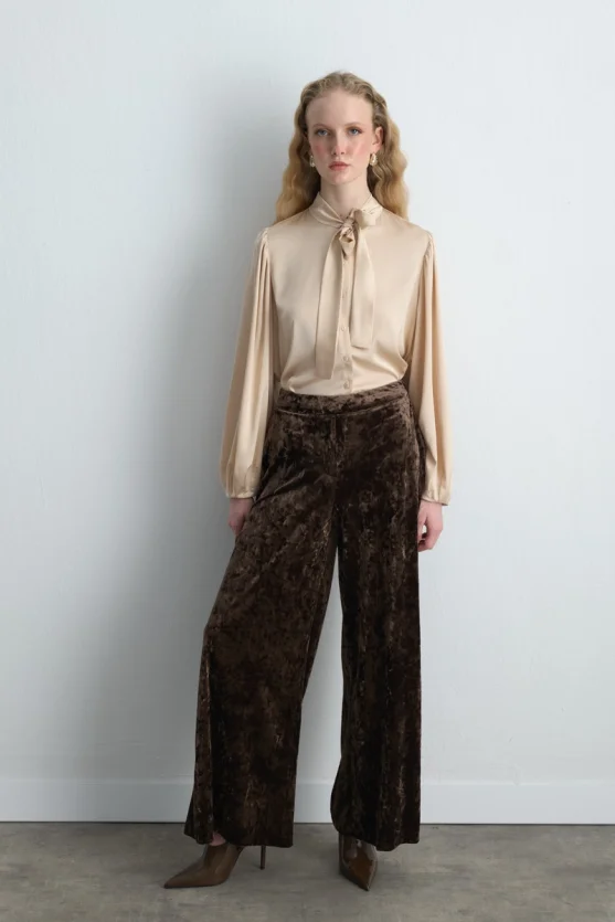 Wide Leg Velvet Pants Khaki - 3