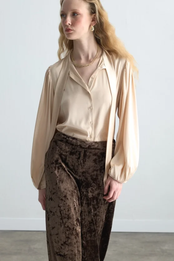 Wide Leg Velvet Pants Khaki - 4
