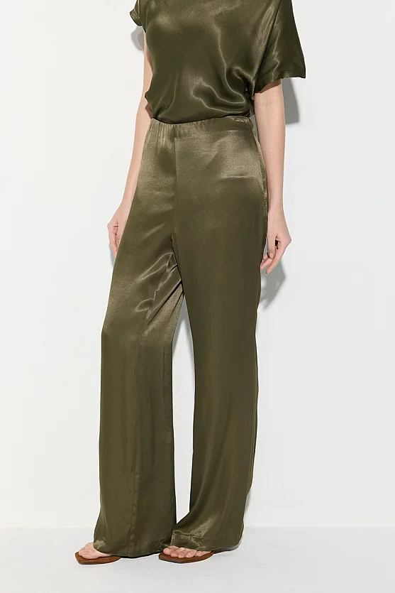 Wide Leg Viscose Satin Pants - Khaki - Gusto