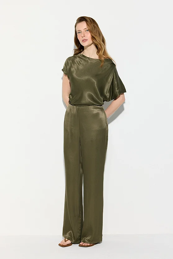 Wide Leg Viscose Satin Pants - Khaki - 4