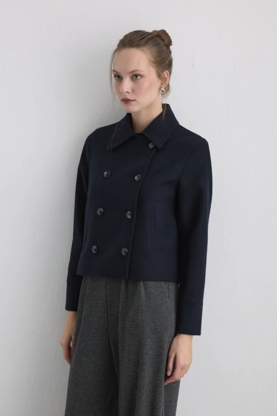 Wool Blend Coat Jacket - Navy - Gusto