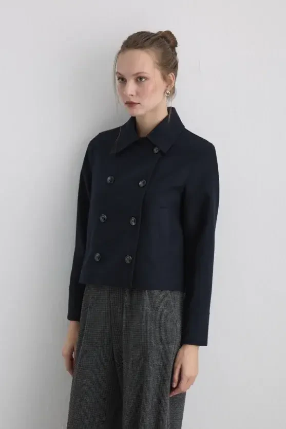 Wool Blend Coat Jacket - Navy - Gusto