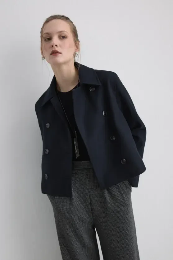Wool Blend Coat Jacket - Navy - Gusto