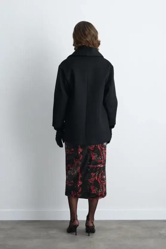 Wool Blend Coat with Scarf - Black - Gusto