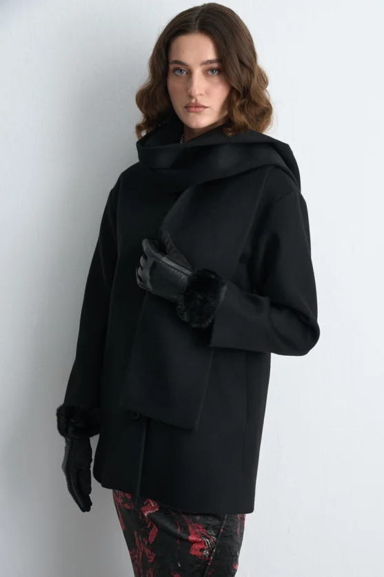 Wool Blend Coat with Scarf - Black - Gusto