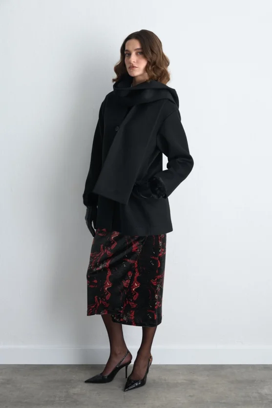 Wool Blend Coat with Scarf Black - Gusto
