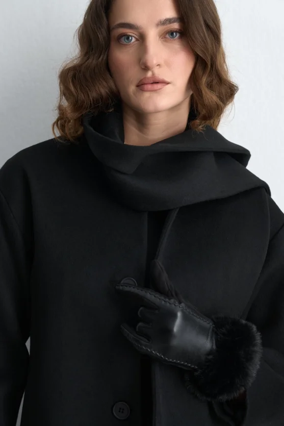 Wool Blend Coat with Scarf Black - 4