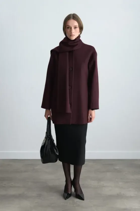 Wool Blend Coat with Scarf - Burgundy - Gusto